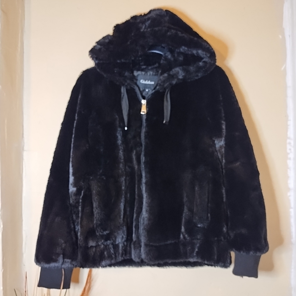 Giolshon Women's Black Faux Fur Teddy Jacket Polyester W/ Hood‎ Full Zip Sz Med.